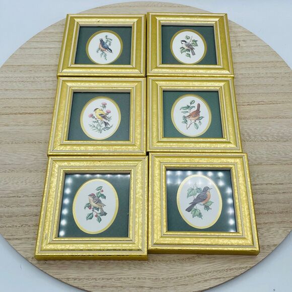 Vintage Set of 6 Mini Framed Feathered Friends Birds Artwork Kathy Seek 1994 - Picture 1 of 9